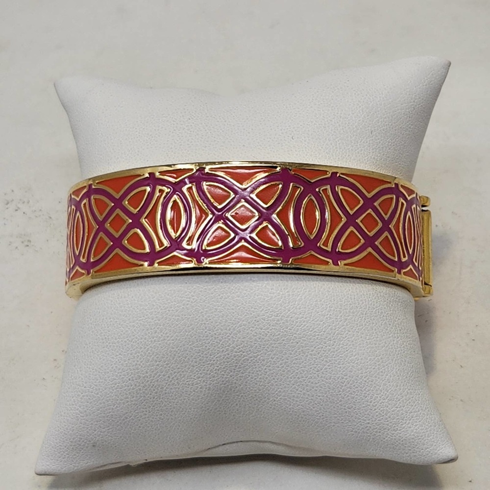 Stella and Dot Eleanor Celtic Knot Clamper Bangle Bracelet Orange Pink Enamel
